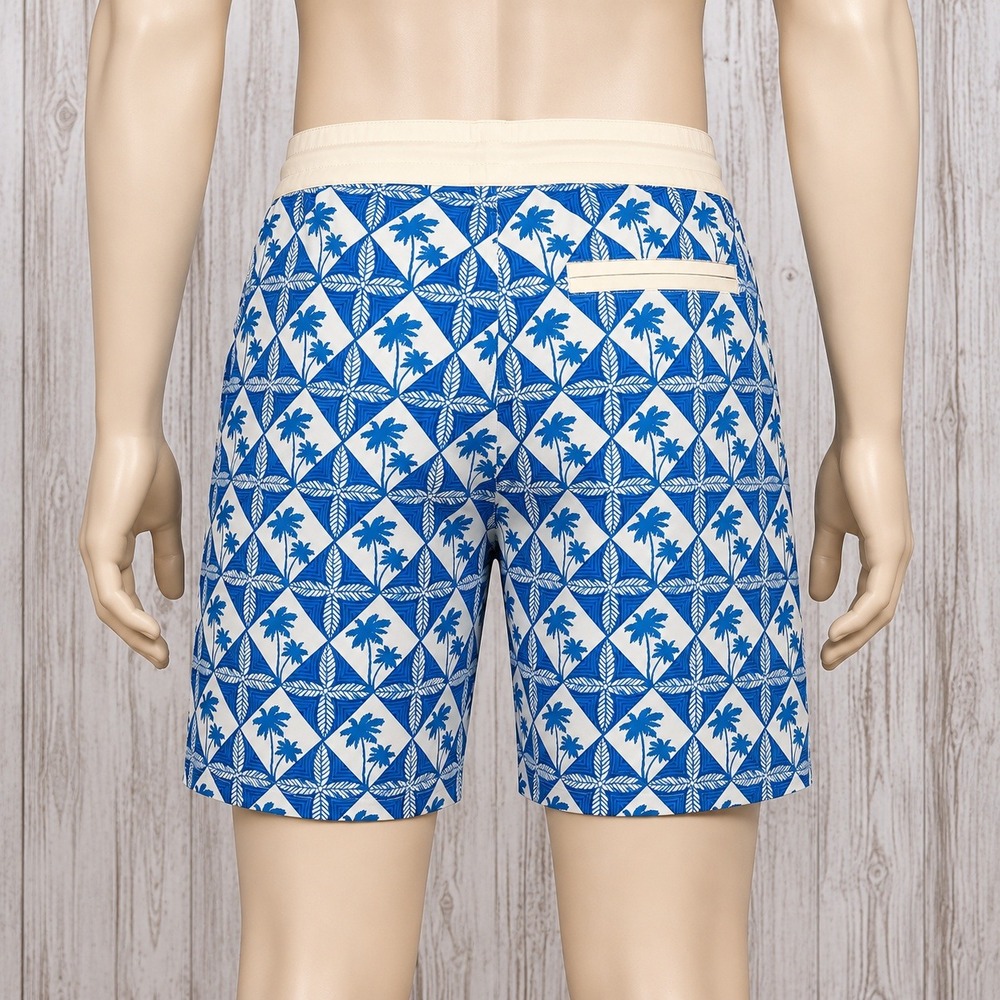 Favant Mens Lasso Waist Boardshorts 32 Blue White Palm Tree Motif 4-Way Stretch
